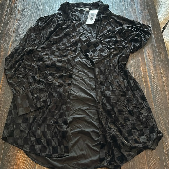 12th Tribe Velvet/Mesh Checkered Button Down - Picture 1 of 4
